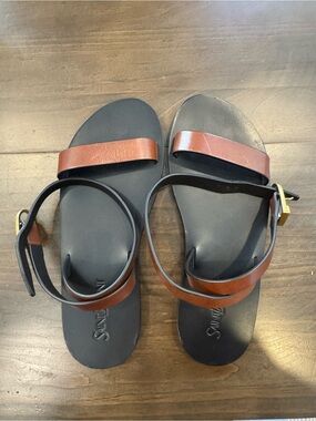 Yves Saint Laurent Black Footbed Sandals with Brown Leather Straps